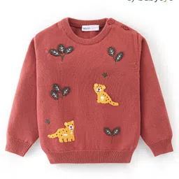 Babyoye 100% Cotton Knit Full Sleeves Pullover Sweater with Leopard  Embroidery - Rust Orange-picture-25
