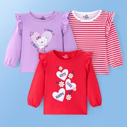 doodle poodle Babyoye 100% Cotton Knit Full Sleeves Tops with Frill Detailing Striped Floral & Heart Print Pack of 3 - Purple & Red-picture-15