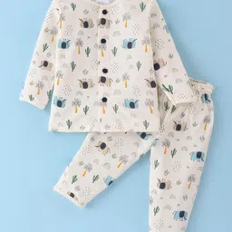 First Smile Sinker Knit Full Sleeves Night Suit with Animal Print - Cream-picture-21