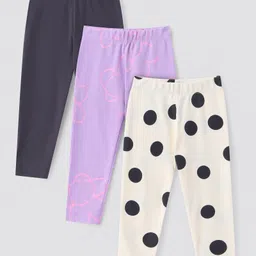 Bonfino 100% Cotton Knit  Solid Leggings Polka Dots Print Pack of 3 - Dark Grey Off White & Lilac-image-87