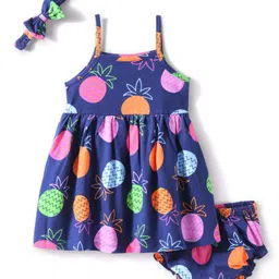 Babyhug Cotton Knit Singlet Sleeves Tropical Theme Frock with Bloomer & Head Band -Navy Blue-picture-22