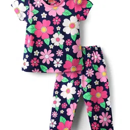 Babyhug Cotton Knit Half Sleeves Co-Ord Night Suit With FloralPrint - Navy Blue-picture-13