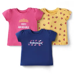 Doodle Poodle 100% Cotton Knit Half Sleeves Tops with Text & Star Print Pack of 3 - Pink Yellow & Navy Blue-picture-20