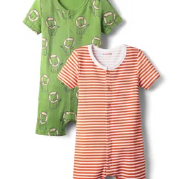 kookie kids india Kookie Kids Interlock Half Sleeves Rompers with Stripes & Animal Print Pack of 2 - Red & Green-picture-18