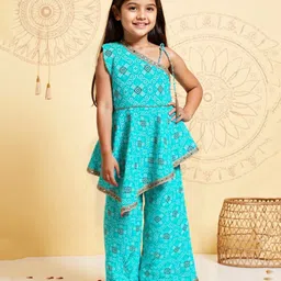 Nautinati Cotton Knit Sleeveless Ethnic Printed Gota Lace Embellished Kurti & Coordinating Salwar Set - Blue-picture-12