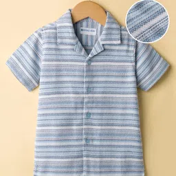 kookie kids india Kookie Kids Woven Half Sleeves Resort Collar Shirt with Horizontal Stripes Print - Light Blue-picture-14