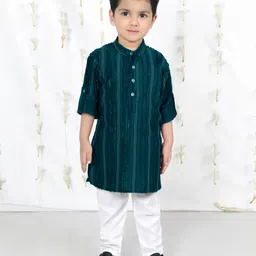 BAD BOYS Cotton Rayon Woven Full Sleeves Striped Embroidered Kurta Pyjama Set - Green-picture-19