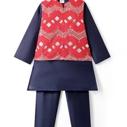 Babyhug Woven Full Sleeves Kurta & Pajama Set with Mirror Work & Embroidered Waistcoat - Navy Blue image 2