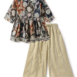 Tales & Stories Viscose Woven Three Fourth Sleeves Floral Printed & Lace Embellished Peplum Top & Palazzo Set - Grey image 3
