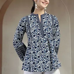 NAVYAAZRI Print Mandarin Collar Ethnic Cotton Top-picture-41