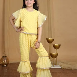 Cutiekins Georgette Woven Half Flutter Sleeves Geometric Printed Lace Embellished Kurti & Sharara Set - Yellow & Gold image 4