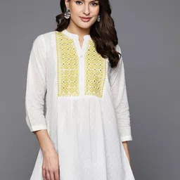 Indo Era Navy Embellished Embroidered Mandarin Collar Cotton Longline Fusion Top image 1