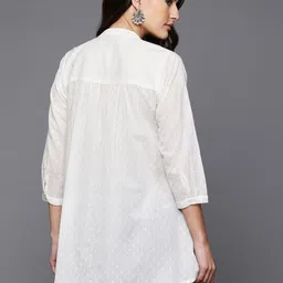 Indo Era Navy Embellished Embroidered Mandarin Collar Cotton Longline Fusion Top image 4