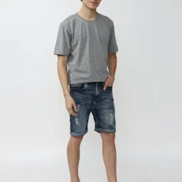 Forever 21 Navy Cotton Regular Fit Distressed Denim Shorts image 5