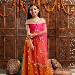 PSPeaches Kids Orange Embellished Sequinned Ready To Wear Lehenga & Blouse With Dupatta-picture-14