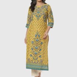 Biba Yellow Cotton Printed Straight Kurta-picture-24