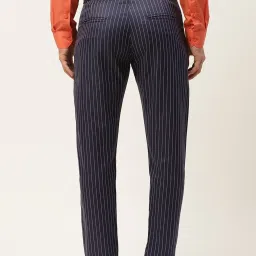 Sojanya Navy  Cotton Regular Slim Fit Striped Flat Front Trousers image 2