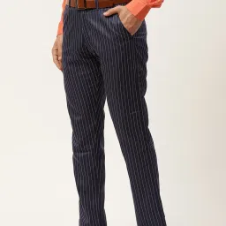 Sojanya Navy  Cotton Regular Slim Fit Striped Flat Front Trousers image 3