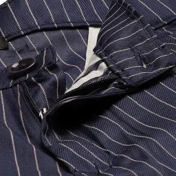 Sojanya Navy  Cotton Regular Slim Fit Striped Flat Front Trousers image 4