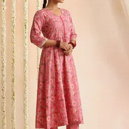 Khushal K Women Floral Printed Cotton Anarkali Kurta with Trousers & Dupatta image 3