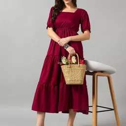 Femvy Women Solid Tiered Square Neck A-Line Midi Dress-picture-23