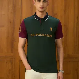 U.S. Polo Assn. Green Cotton Slim Fit Logo Printed Polo T-Shirt-image-12