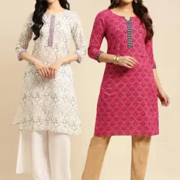 Rangita Off-White & Pink Cotton Floral Print Straight Kurta - Pack OF 2-image-1