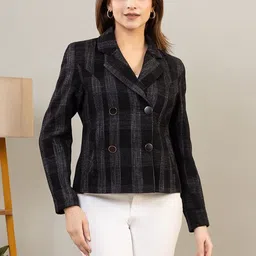 TWENTY ME Checked Notched Lapel Collared Double-Breasted Blazer-picture-41