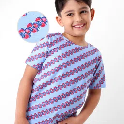 Earthy Touch Half Sleeves Knit T-Shirt Floral Print - Blue-picture-16
