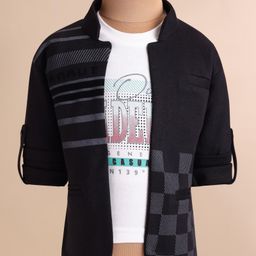 Dapper Dudes Full Sleeves Checked Jacket With Typography Printed Tee - Black-image-25