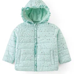 Babyhug Woven Full Sleeves Padded Hooded Jacket with Star Foil Print & Frill Detailing - Sky Blue-picture-17