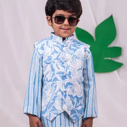 Vastramay Cotton Sleeveless Floral Printed Kantha Work Nehru Jacket - Aqua-picture-26