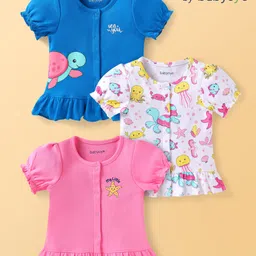 Babyoye Eco Conscious Interlock Knit Half Sleeves Jiva Finish Jhablas with Sea Life Print Pack of 3 - Blue White & Pink-picture-18