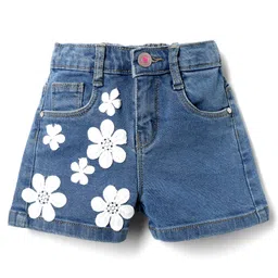 Babyhug Mid Thigh Denim Shorts with Floral Applique - Light Blue-picture-28