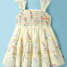 Dew Drops Chiffon Woven Sleeveless Tiered Frock with Floral Print & Smocking - Yellow-picture-12