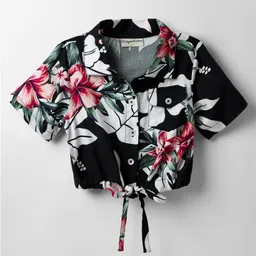 CrayonFlakes Rayon Woven Half Sleeves Floral Printed Shirt Style Crop Top - Black-image-42