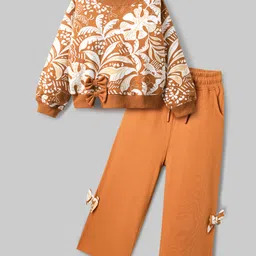 Ollington St. 100% Cotton Knit Leaf Printed Full Sleeves Sweatshirt & Trackpant Set - Brown-picture-23