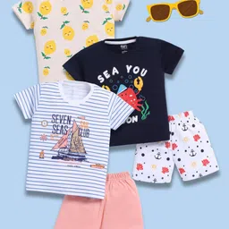 blushh berry Cotton Knit Pack Of 3 Half Sleeves Sea Life & Lemons Printed Tees & Shorts Set - Yellow Navy Blue & White-image-7