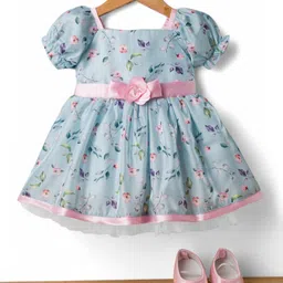 Bluebell Satin Woven Half Sleeves Party Dress with Booties & Floral Print - Light Blue-image-25