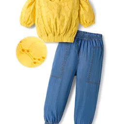 OLLINGTON ST. Cotton Schiffli Half Sleeves Top & Denim Joggers Set - Yellow & Blue-picture-28