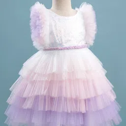 Babyhug Woven Frill Sleeves Layered Mesh Party Dress With Sequin Detailing - White image 3