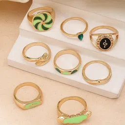 Bohey by KARATCART 8Pcs Gold-Plated Stone Studded Finger Ring-picture-19