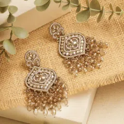 Zaveri Pearls Peach Color Dazzling StonesCluster Beads Drop Dangler Earring-image-23