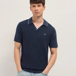 The Bear House Blue Cotton Woven Design Regular Fit Polo T-Shirt-image-41