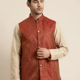 SOJANYA Maroon & Gold Regular Fit Jacquard Nehru Jacket image 1