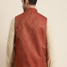 SOJANYA Maroon & Gold Regular Fit Jacquard Nehru Jacket image 2