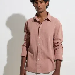 Ascot by Westside Dusty Pink Textured Relaxed-Fit Cotton-Blend Shirt image 1