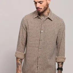 Showoff Beige Cotton Slim Fit Checks Shirt-image-90