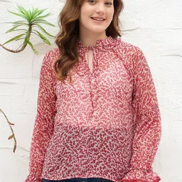 DressBerry Ethnic Motifs Print Tie-Up Neck Bell Sleeve Chiffon Top-image-29