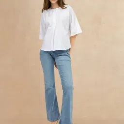 RAREISM White Cotton Solid Three-Quarter Sleeves Top image 5